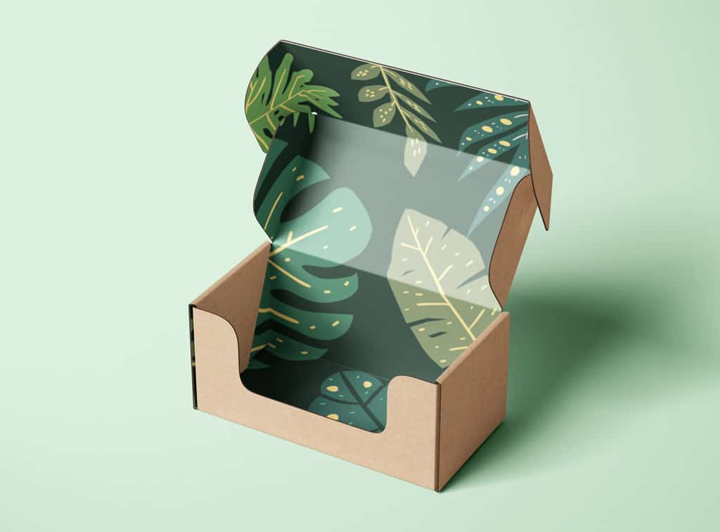 Kraft box with a custom leaf pattern printed inside.
