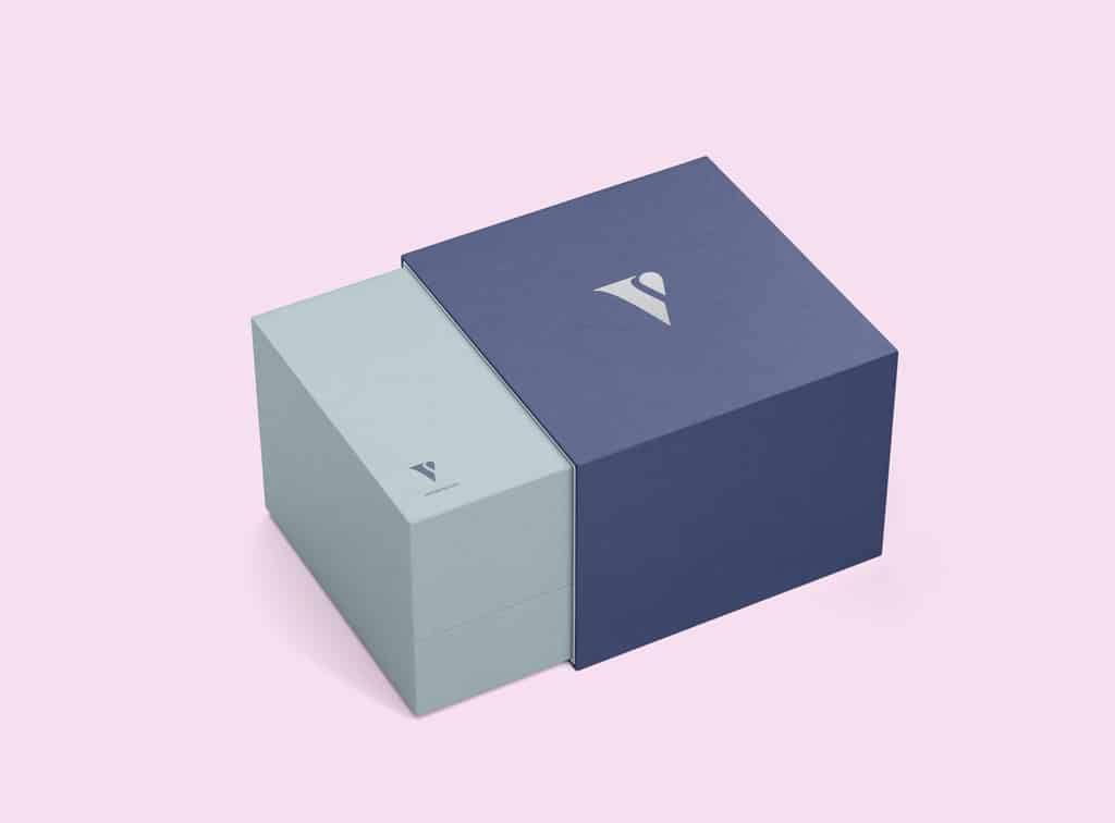 Printed blue sleeve box.
