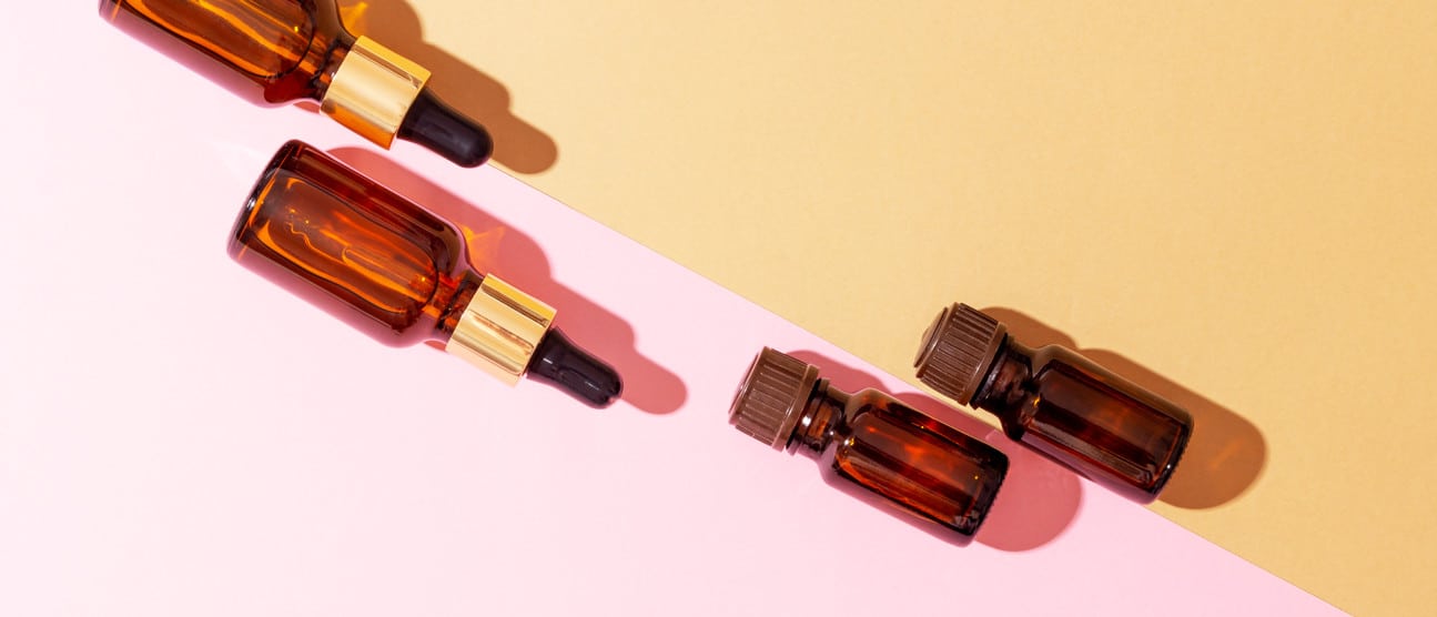 Essential oils in glass bottles