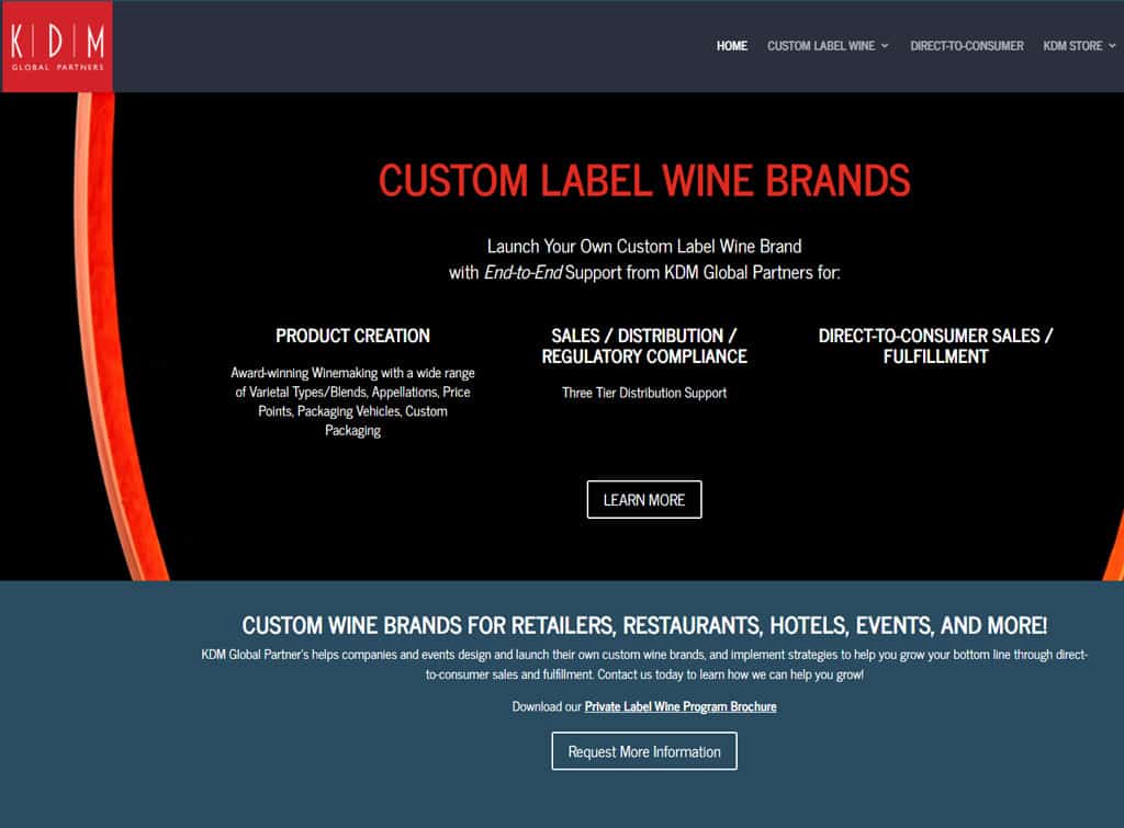 Screenshot of KDM Global Partners private label wine webpage.