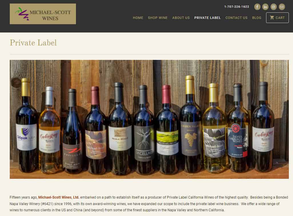 Screenshot of Michael-Scott Wines private label wines webpage.