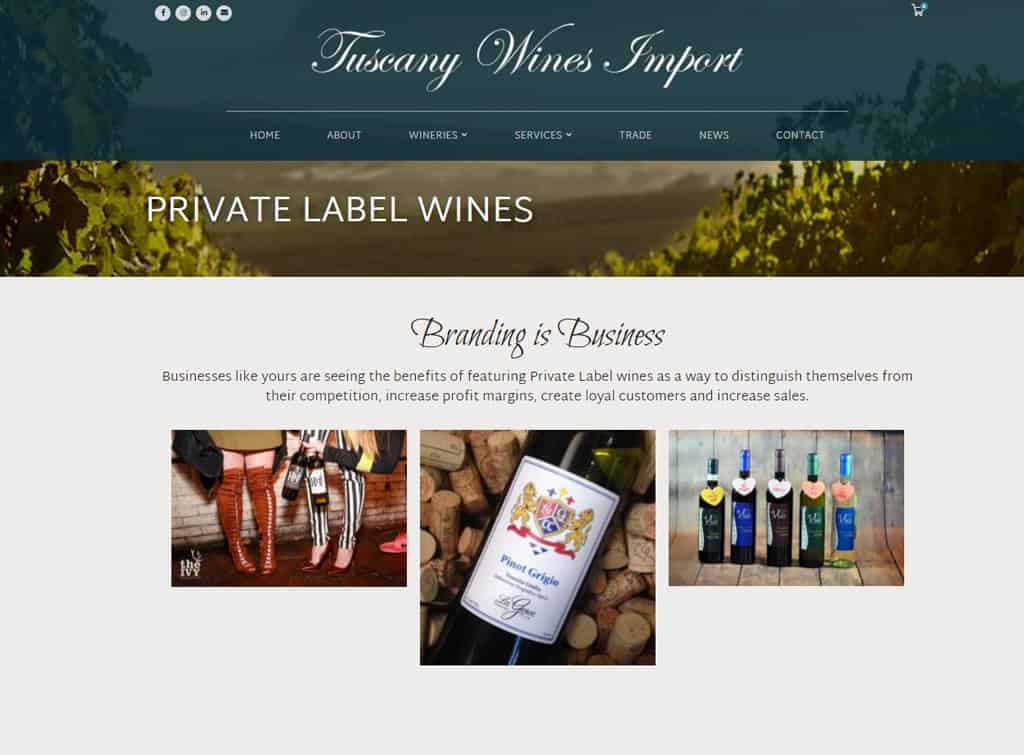 Screenshot of Tuscany Wines Import private label wine webpage.
