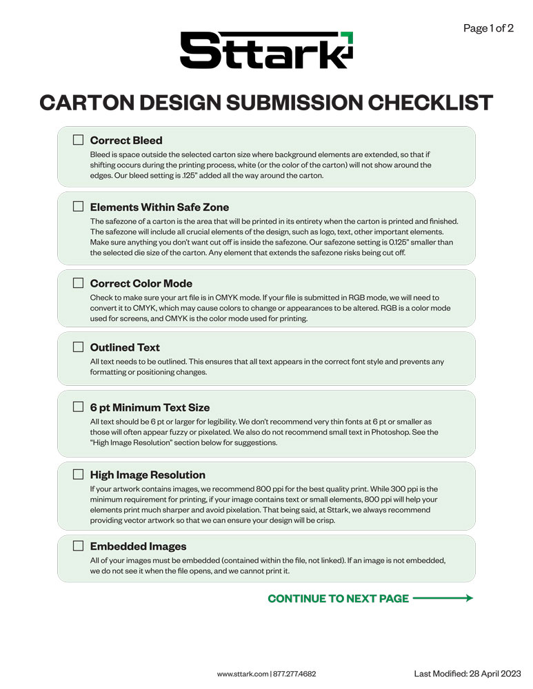 Sttark Cartons Artwork Checklist