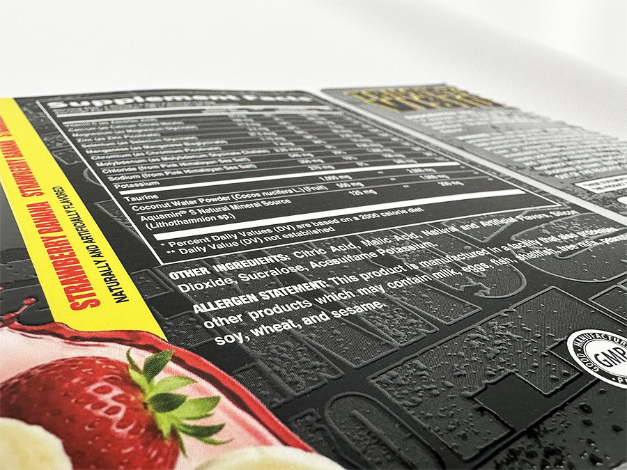 a close-up of spot gloss on a black label
